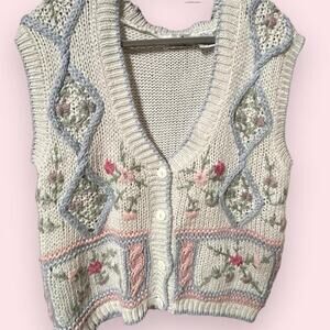 Vintage 90s By Design knit sweater cardigan vest w floral embroidery & argyle